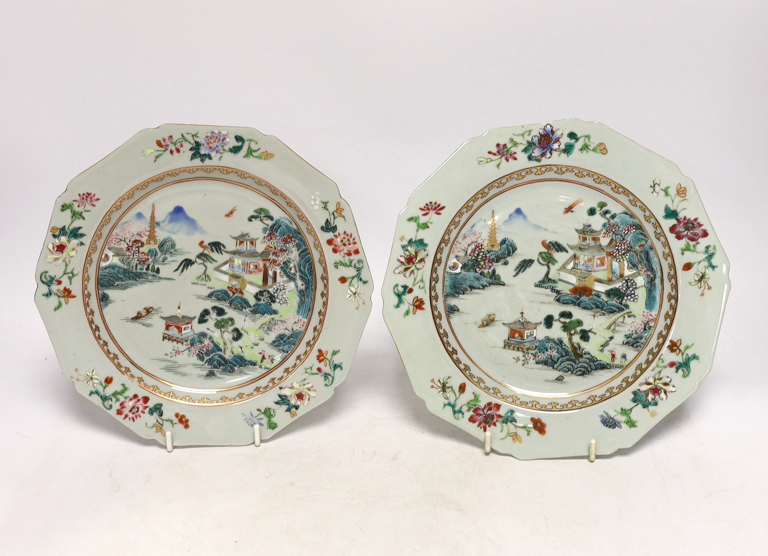 A pair of Chinese porcelain famille rose octagonal plates, Qianlong period, 23cm diameter